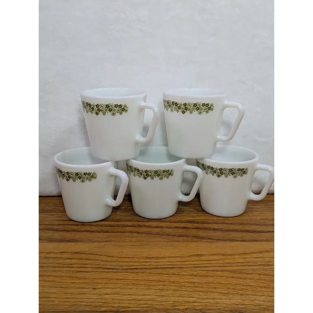 VTG Pyrex Spring Blossom Green Crazy Daisy Coffee Mugs Milk Glass Set 5